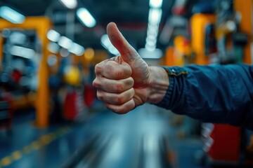 Hands of car mechanic taking a thumbs up in the garage service shop