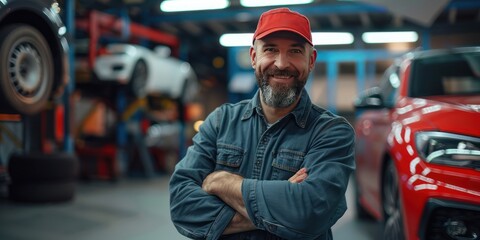 An auto mechanic stands with his arms crossed and a welcoming smile in his auto repair shop.