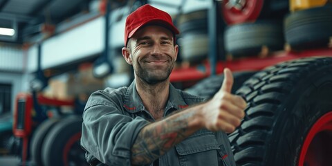 Smiling auto young men mechanic in mechanic's uniform standing with arms crossed in auto repair service garage - obrazy, fototapety, plakaty