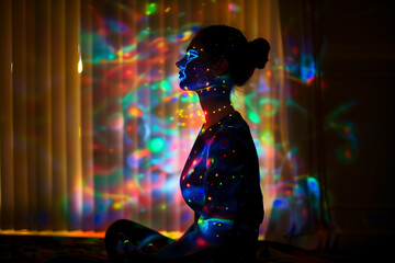 Young woman practicing yoga in the lotus position with colorful lights on background,Silhouette of a woman practicing yoga at home with colorful lights