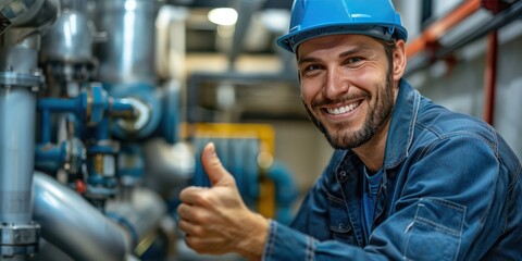 Technician men in clean blue work attire, smiling, taking thumb pleasant atmosphere in a technical room with pipes and water treatment - obrazy, fototapety, plakaty