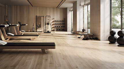 A gym with a Scandinavian design influence, using minimalistic decor and natural materials.