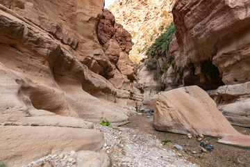 Beautiful majesty of the mountains in the path of the shallow stream in the gorge Wadi Al Ghuwayr...