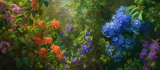 Obraz na płótnie Canvas A painting depicting colorful flowers, including Cape leadwort, plumbago, and auricula, blooming vibrantly in a lush garden setting. The various flowers create a burst of color against a green