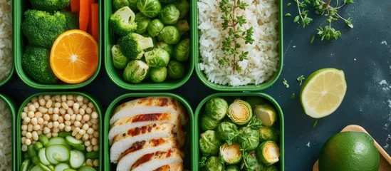 Foto op Aluminium A top view of a variety of foods including chicken, rice, brussels sprouts, veggies, and fruits neatly arranged in green trays for a nutritious lunch. © TheWaterMeloonProjec