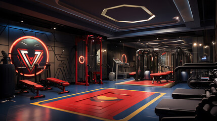 A gym with a superhero lair theme, featuring superhero-inspired workouts and high-tech decor.