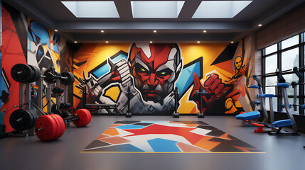 Naklejka premium A gym with a superhero theme, with wall art and equipment resembling iconic superhero symbols.