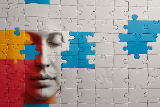 Bright color block puzzle concept with person's head. Abstract and vibrant imagery. SEO-friendly stock photo.
