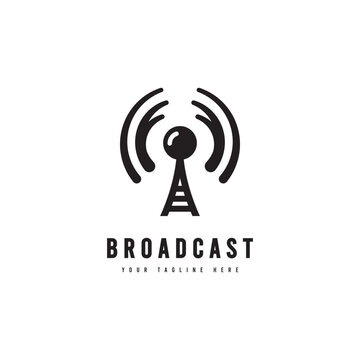 Broadcast logo in minimalist style. vector transmitter tower silhouette. Suitable for technology, broadcast or network logos.