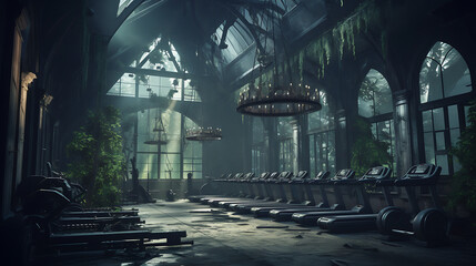 A gym with a supernatural realm theme, featuring ghostly workouts and eerie decor.