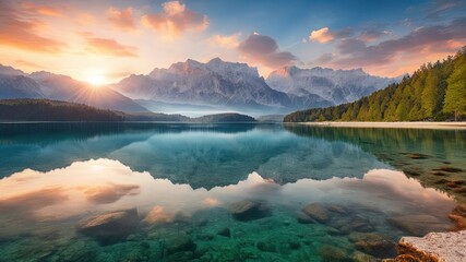 A breathtaking sunrise over a serene lake, reflecting majestic snow-capped mountains and lush green forest. Ideal for nature-themed content, high-resolution landscape photography, and wallpapers