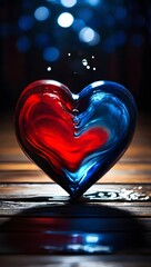 Nurture love's essence,  blue & red heart on wooden floor, shadows dance on running water.