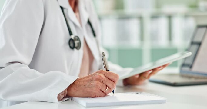 Doctor, hands and writing with notebook or tablet for prescription, schedule or results at office. Closeup of person or medical employee taking notes with technology for script or diagnosis on desk