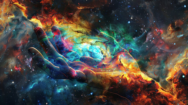 Picture of a hand with digits that twist and turn into vivid, surreal shapes against a backdrop of deep space