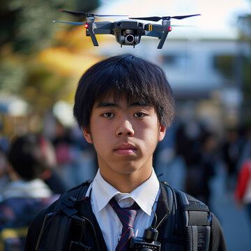 Portrait photography of a Japanese high school student with a compact drone hovering over their shoulder, equipped for studies