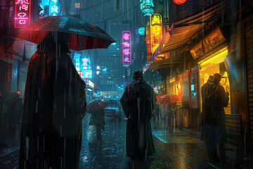 Rain-soaked streets reflecting neon lights as a preacher engages with shelter-seeking individuals, a scene of urban compassion