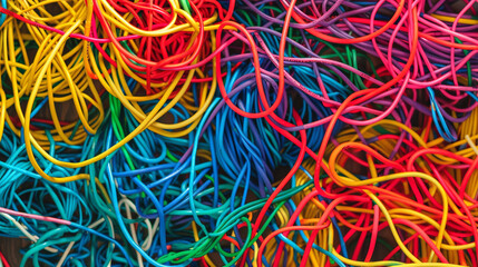 The chaos of intertwining wires, brought to life with a spectrum of colors, symbolizing the mess and miracles of technology