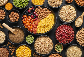 colorful legumes and cereals in black bowls