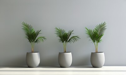 three palms in gray pot and gray wall background