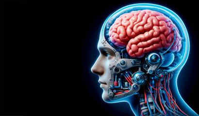 Ilustración de cerebro humano modificado en cuerpo artificial futurista - obrazy, fototapety, plakaty