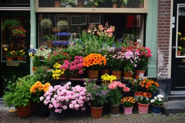 A flower shop, beautiful colorful flowers outdoor.
