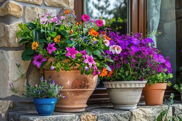 Fototapeta na wymiar Beautiful colorful potted plants and flowers in a big stoneware flower pot for balcony, patio or terrace.