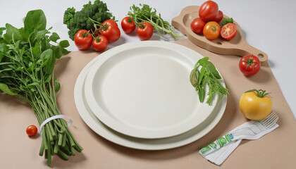 Disposable, ecological and biodegradable plates with healthy and organic food