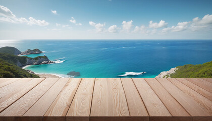 Empty wooden tabletop with seascape backdrop for advertising and presentation