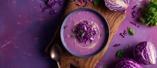 Obraz na płótnie Canvas A birds eye view of a bowl filled with vibrant purple cabbage soup sitting on a wooden cutting board. Fresh cuts of red cabbage are neatly placed next to the bowl on a textured purple surface.