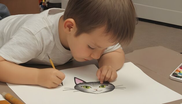 Cute boy drawing a cat on a white paper.