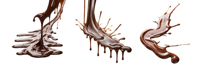 chocolate splash, melting chocolate drips close up isolated on a transparent PNG background, white background , Generative Ai