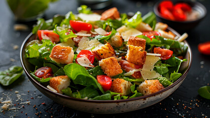 A close-up photo of a bowl of salad with romaine lettuce, chopped tomatoes, croutons, and shaved Parmesan cheese. The salad is tossed in a light vinaigrette dressing.