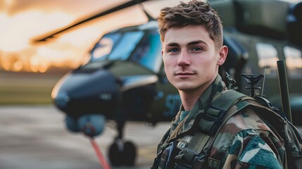 Confident young military man standing before a helicopter at sunset. casual style, outdoors, vibrant portrait. AI