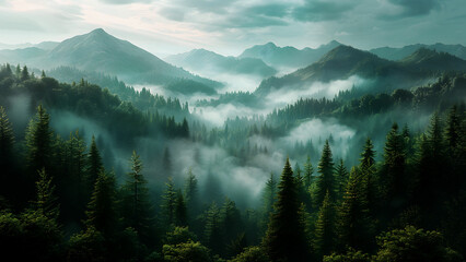 A photo of a dense forest shrouded in fog, with the silhouettes of mountains visible in the background. Sunlight filters through the fog, creating a dreamlike atmosphere. - obrazy, fototapety, plakaty
