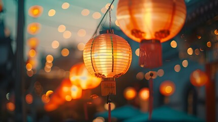 Illuminated chinese lanterns at dusk, warm glow of festive lights, cozy evening ambiance captured in photograph. AI