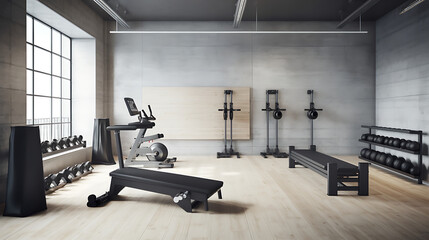 A minimalist gym with sleek equipment and a monochromatic color scheme. - obrazy, fototapety, plakaty