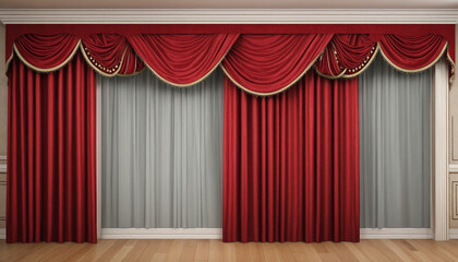 Red realistic luxury curtain cornice decor domestic fabric interior drapery textile lambrequin, velvet illustration isolated on transparent background