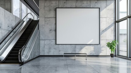 Blank horizontal big poster in public place. Billboard mockup near to escalator in an mall, shopping center, airport terminal, office building or subway station. 3D rendering. 