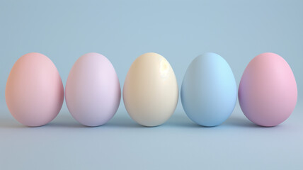 A row of perfectly smooth eggs in soft pastel colors presents a simple yet striking visual, symbolizing freshness and new beginnings.