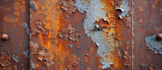 A weathered metal surface displaying signs of decay, with rust eating away at the material, peeling paint revealing layers of wear, and rivets holding the deteriorating structure together.