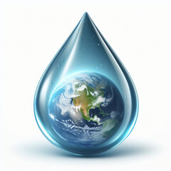 Obraz premium A single water drop and a vivid representation of earth inside it, isolated on a White background, World Water Day
