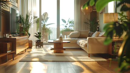 A serene and inviting living room bathed in the golden glow of a setting sun, surrounded by lush...