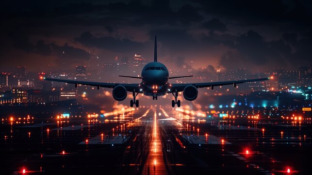 Takeoff of airplane and airport in the background air transport navigation Airplane innovation travel concept Future technology, night flight cargo travel