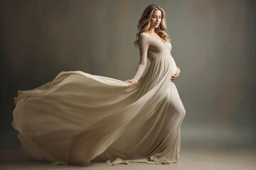 Elegant Pregnant Woman in Flowing Dress Posing Gracefully