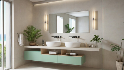 Fototapeta na wymiar The soft pastel color on this bathroom vanity brings a touch of modern beach house interior design to this space