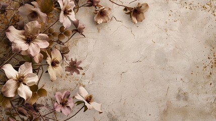 Vintage elegant floral beige background with clematis vines flowers with golden leaves and space for text, botanical backdrop in muted tones with copy space on grunge texture, top view, copy space