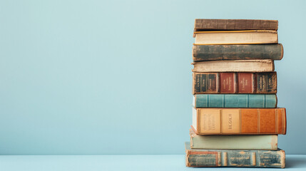 a pile or a stacking of old vintage books, panorama, good copy space, blue background.