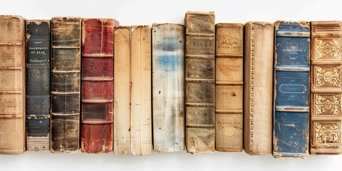 A stack of beautiful leather bound old vintage books with golden decoration isolated on white...