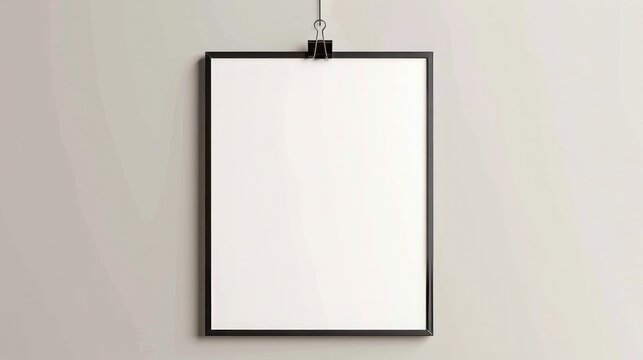 Empty A4 sized vector paper frame mockup hanging with paper clip - stock vector.