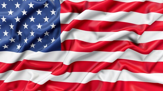 USA flag background. Waving American flag in sunlight flare, close up